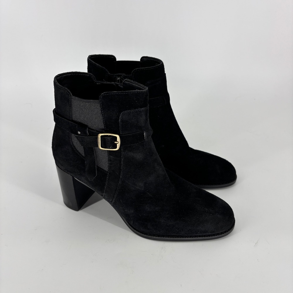 Vionic Vivette Suede Block Heel Ankle Boots Black Women Size 9 Strap Buckle
